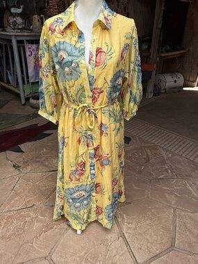 Yellow Floral Button-Front Midi Dress with Tie Waist